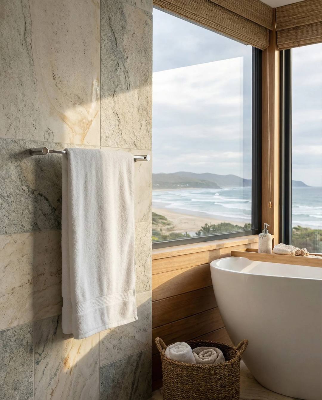 The Meissen Velina Chrome Towel Rail in a luxury spa like bathroom