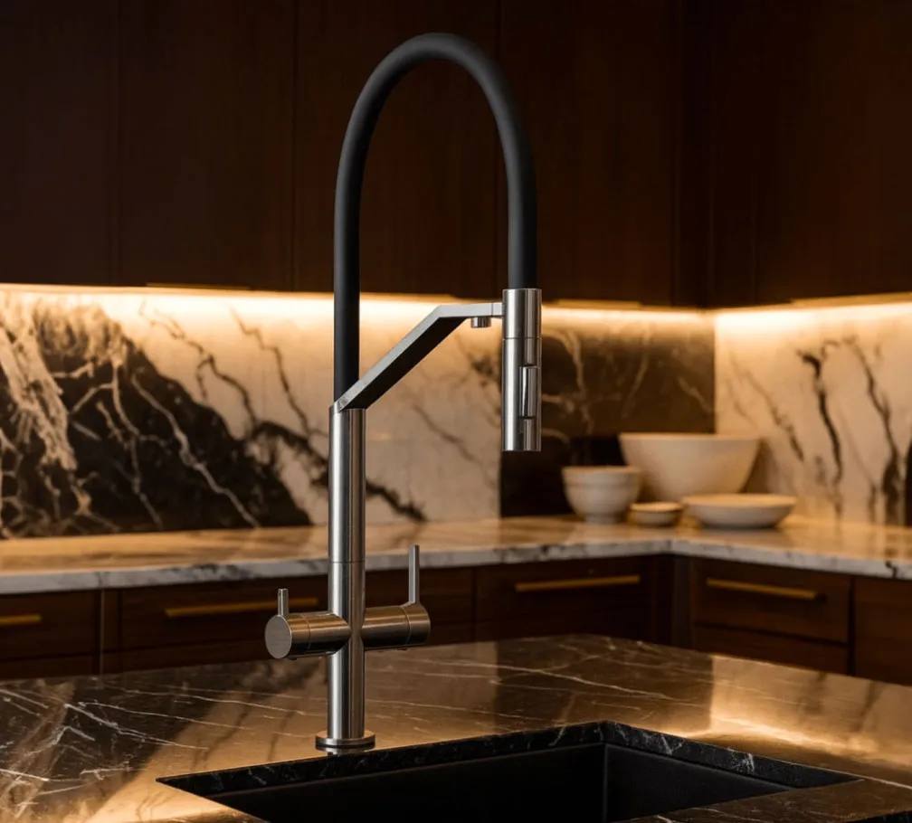 Modern kitchen sink area with stylish Meissen tapware.