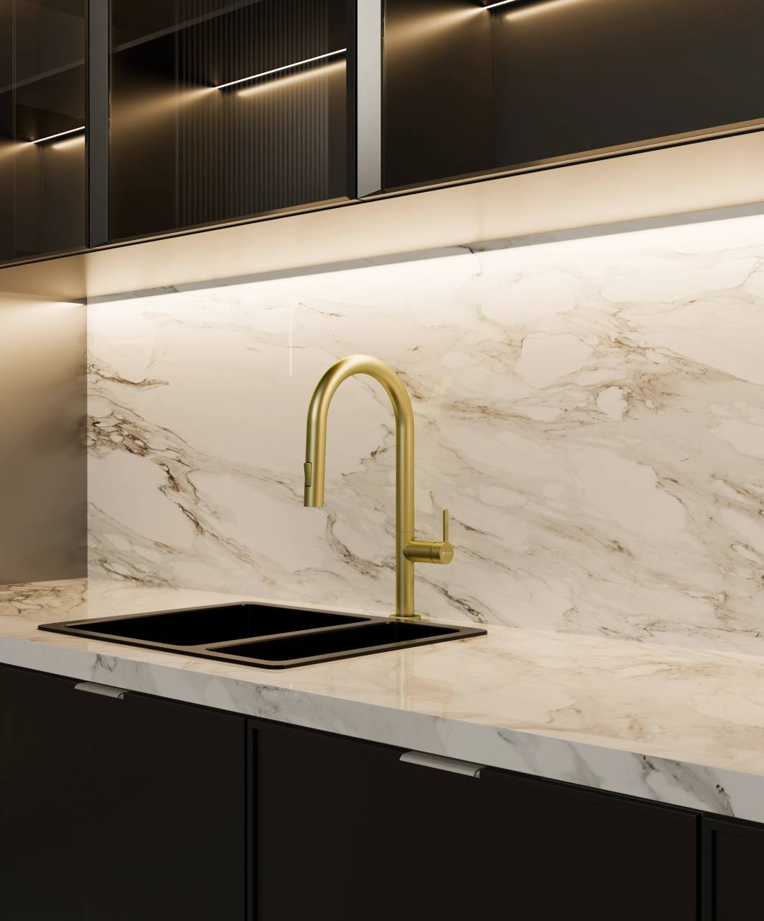A beuatiful meissen kitchen sink mixer. the tap is called the aurum core and is in a satin brass finish. it is known for its modern design and luxury finishes