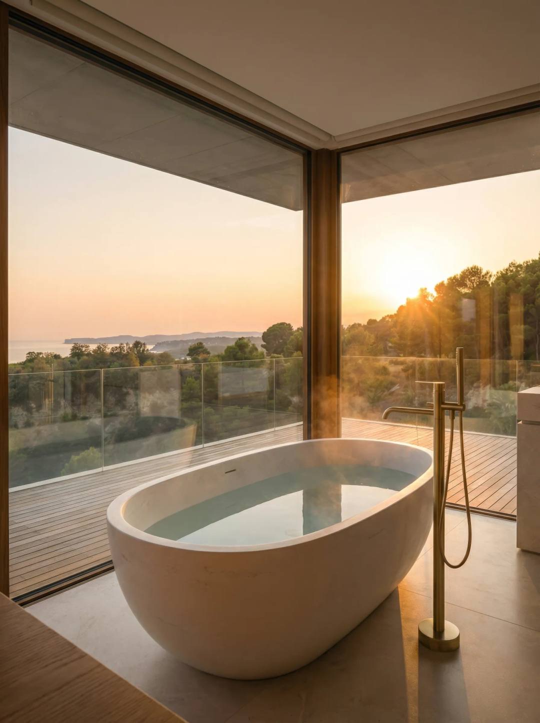 the Luxury Attivo freestanding mixer in satin brass paired with a beautiful freestanding bath.