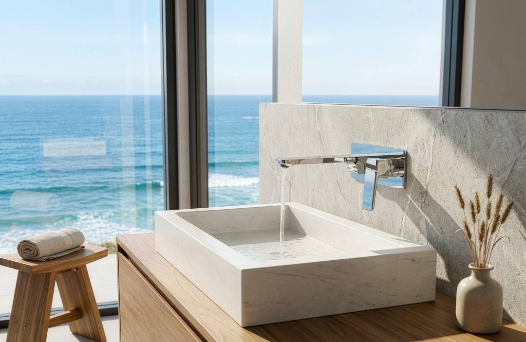 The Meissen Sterlyn wall mounted basin mixer in a luxury coastal mansion.